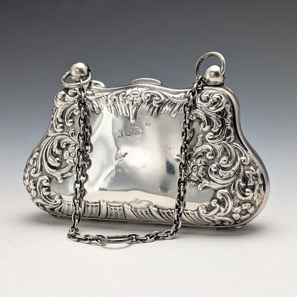 1898 British Antique Sterling Silver Coin Case with Chain by Henry Matthews